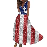 4th of July Outfits for Women Beach Dress V Neck Sleeveless A Line Flowy American Flag Casual Maxi Dress for Women