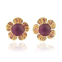 Guntaas Gems Dainty Flower Earrings Purple Amethyst Gold Plated Stud Earrings For Women Girls Brass Jewelry