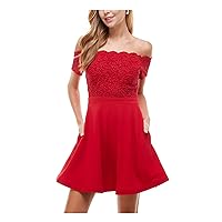 Womens Red Glitter Lace Scalloped Lace-up Short Sleeve Off Shoulder Short Party Fit + Flare Dress Juniors 9