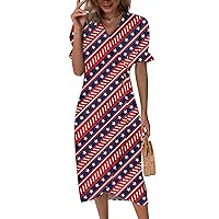 Women's 4Th of July Beach Dresses Spring Summer Elegant Wrap V Neck Boho Dress Flowy Ruched Hawaiian Maxi Dress