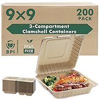 yoyomax [9x9-200Pack] 100% Compostable To Go Food Containers with Lids, 3-Compartment Take Out Clamshell Container, Bio Disposable | Eco Friendly | Heavy-Duty Boxes, Made of Sugarcane Fibers