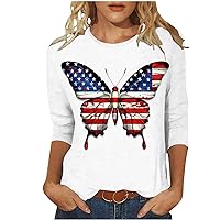 Stars Stripes Butterfly Shirts Women 4th of July Patriotic T-Shirt Casual 3/4 Sleeve Crewneck USA Flag Tee Tops