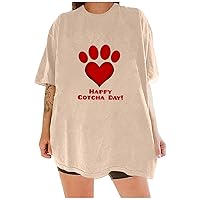 Valentine Shirts for Womens Love Heart Dog Paw Printed Short Sleeve Tops Oversized Crewneck Pullover Tops Blouses