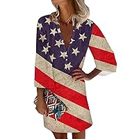 Fourth of July Dress Plus Size Patriotic Dress for Women Sexy Casual Vintage Print with 3/4 Length Sleeve Deep V Neck Independence Day Dresses Red XX-Large