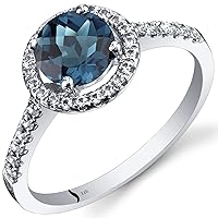 PEORA London Blue Topaz Ring for Women 14K White Gold with White Topaz, Genuine Gemstone Birthstone, 1.25 Carats Round Shape 6.5mm, Halo Design, Sizes 5 to 9