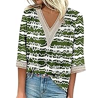 Plus Size Tops Going Out Going Out Tops for Women 2024 Summer Lace Splice Striped Print Fashion Loose Fit with 3/4 Sleeve V Neck Blouses Dark Green 3X-Large