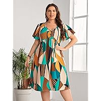 Plus Women's Dress Plus Geo & Striped Print Butterfly Sleeve Dress (Color : Multicolor, Size : XX-Large)