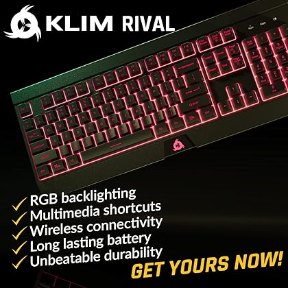 KLIM Rival Wireless Gaming Keyboard RGB US Layout - New 2023 - Slim Durable Ergonomic Quiet Silent Soft Sound Keys 25 Anti-Ghosting - RGB Backlit Wireless Keyboard Gaming for Laptop PC/Mac
