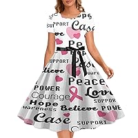 Breast Cancer Awareness Dresses for Women Pink Ribbon Swing Tea Party Dress Short Sleeve Crew Neck Inspirational Dress