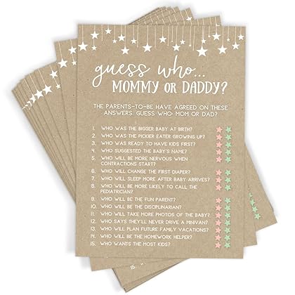Printed Party Baby Shower Game, Guess Who Mommy or Daddy, Rustic Kraft, 50 Cards