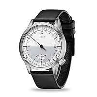 Swiss Movement Men's One Hand 24 Hour Watch Single Hand Black Case with Italian Leather Strap (White Grey)