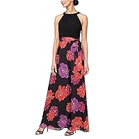 S.L. Fashions Women's Long Mixed Media Maxi Halter Dress with Printed A-line Skirt and Tie Belt