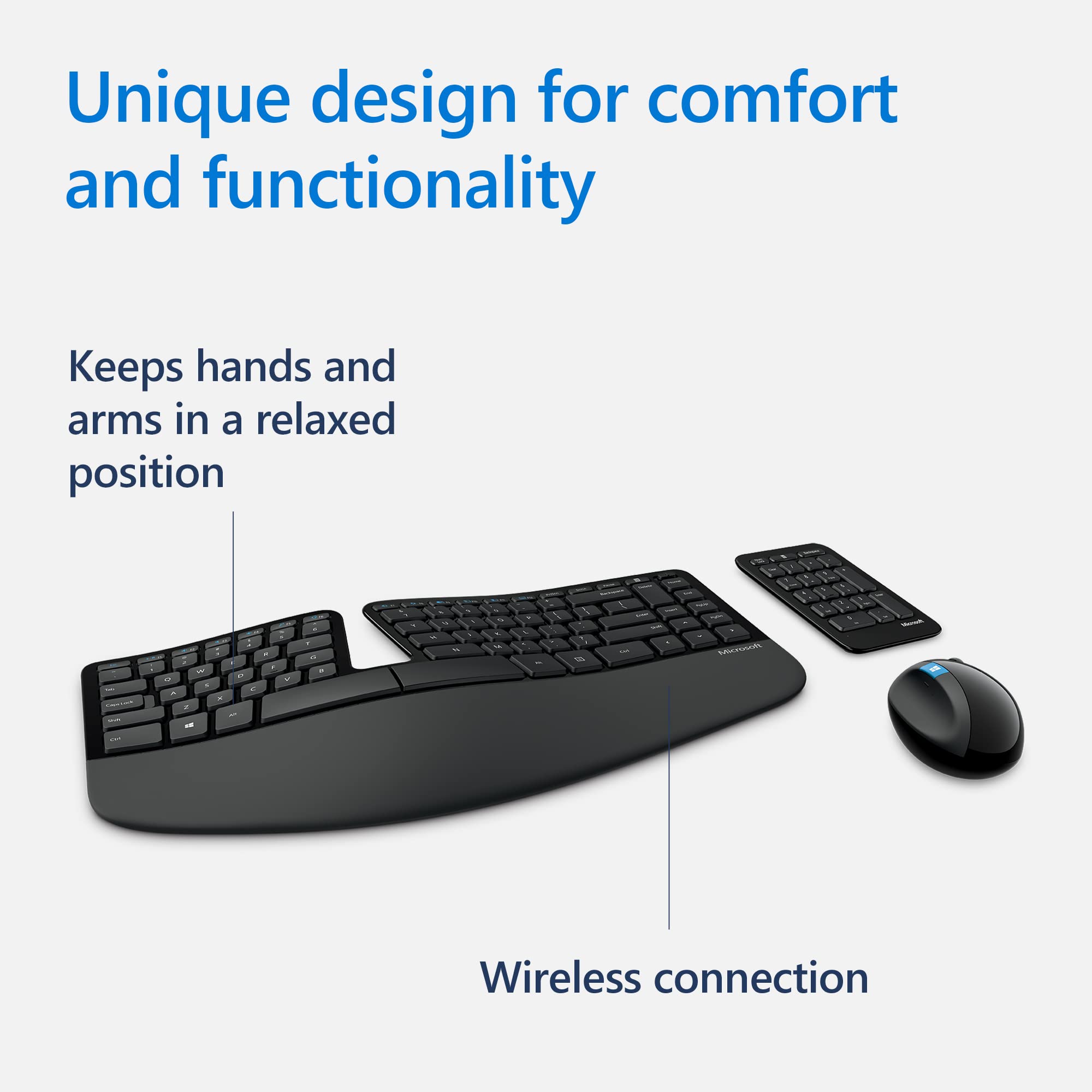 Microsoft Sculpt Ergonomic Wireless Desktop Keyboard and Mouse - Black. Wireless , Comfortable, Ergonomic Keyboard and Mouse Combo with Split Design and Palm Rest.