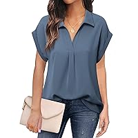 Messic Womens Short Sleeve Blouses Collared V Neck Shirts Chiffon Summer Business Casual Tops