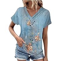 Women's Tops and Blouses Going Out Tops for Women Floral Print Casual Pretty Fashion Button Patchwork with Short Sleeve V Neck Shirts Light Blue Large