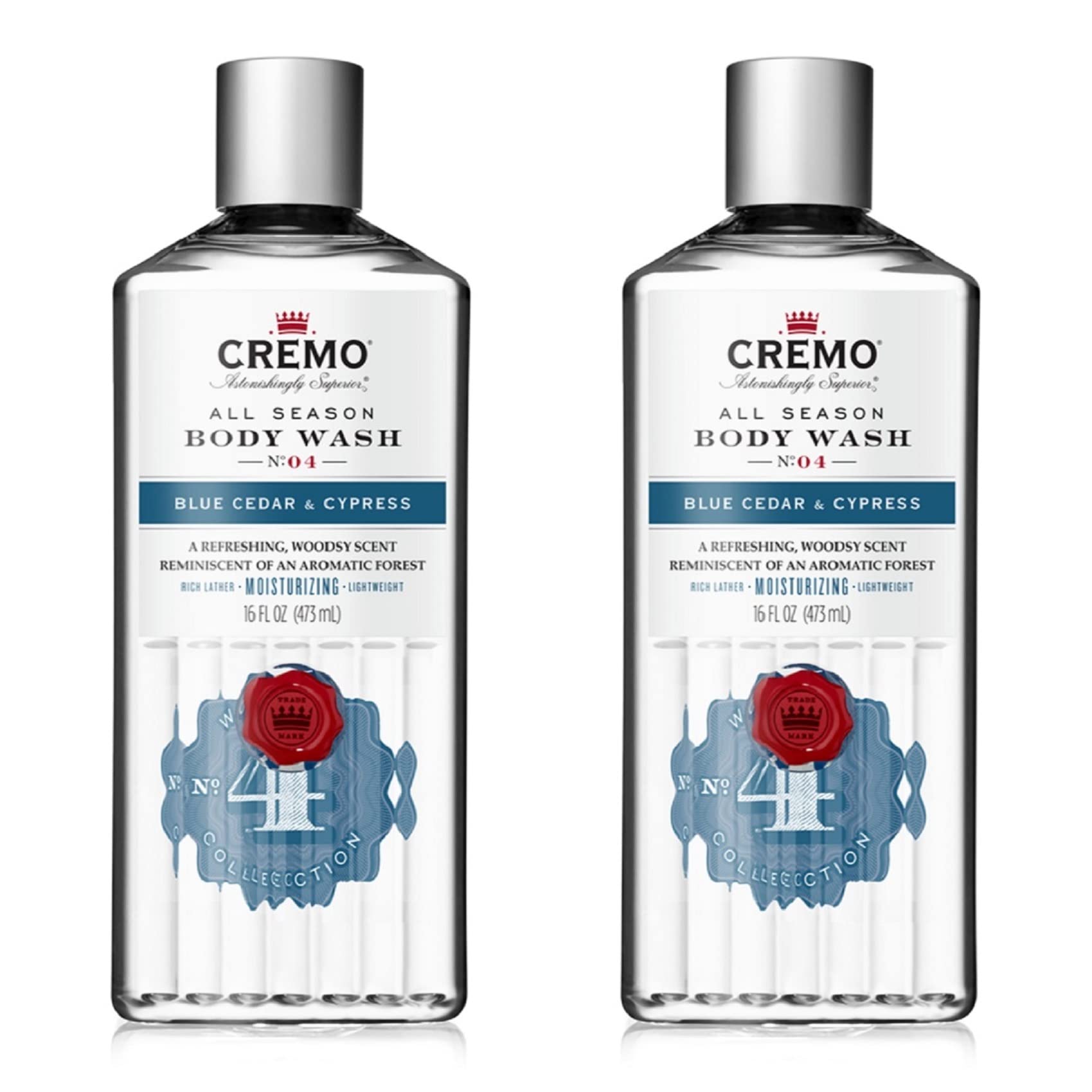 Cremo Rich-Lathering Blue Cedar & Cypress Body Wash, A Woodsy Scent with Notes of Lemon Peel, Cypress and Cedar, 16 Fl Oz (2-Pack)