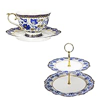 ACMLIFE Bone China Tea Cups and Saucers, 2 Tier Cupcake Stand for Dessert Table, Blue and White