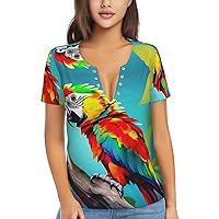 Parrots On Tree Women's Flowy Tops,V-Neck T-Shirts, Plus Size Blouses with Short Sleeves, Suitable for Summer,Work Wear