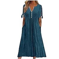 Women's Summer V Neck Button Tie Short Sleeve Dress Eyelet Embroidery Pleated Plain Solid Color Beach Midi Dresses (X-Large, Dark Blue)