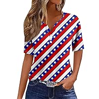 Women's T-Shirts Dressy Button Down Tunic Y2K Henley Tops Short Sleeve American Flag Print Blouses Vneck Summer Tee