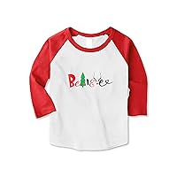 Hat and Beyond Kids 'Winter Holiday Inspired Believe Christmas Font Graphic Print 3/4 Sleeve Classic Raglan T-Shirt