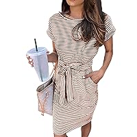 Empire Waist Dresses for Women 2024 Ladies Casual Sexy Short Sleeve Tunic Striped Dress, S XXL
