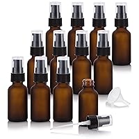 JUVITUS 1 oz / 30 ml Frosted Amber Glass Boston Round Bottle with Black Treatment Pump (12 pack) + Funnel