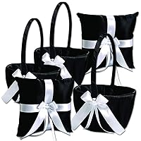 Ivory Flower Girl Basket and Ring Bearer Pillow Set Wedding Basket and Ring Pillow Set | Handmade Wedding Pillow and Basket, Black and White, 2 Pillows + 3 Baskets