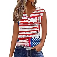 American Flag Button V-Neck Tank Tops Women 4th of July Patriotic Sleeveless Shirt Flag Stars Stripes Henley Blouses
