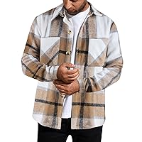 Mens Flannel Plaid Shirts Long Sleeve Shacket Jacket Cotton Button Shirts Checkered Brushed Shacket with Pockets
