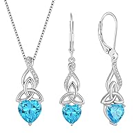Infinity Celtic Knot Jewelry Set for Women 925 Sterling Silver Irish Necklace Aquamarine Dangle Drop Leverback Earrings March Birthstone Jwelry Gifts for Her Mom
