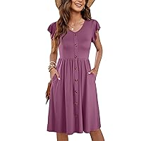 WNEEDU Women Summer Dresses Ruffle Sleeve Casual Loose Swing Button Down Midi Dress(L,Mauve2)