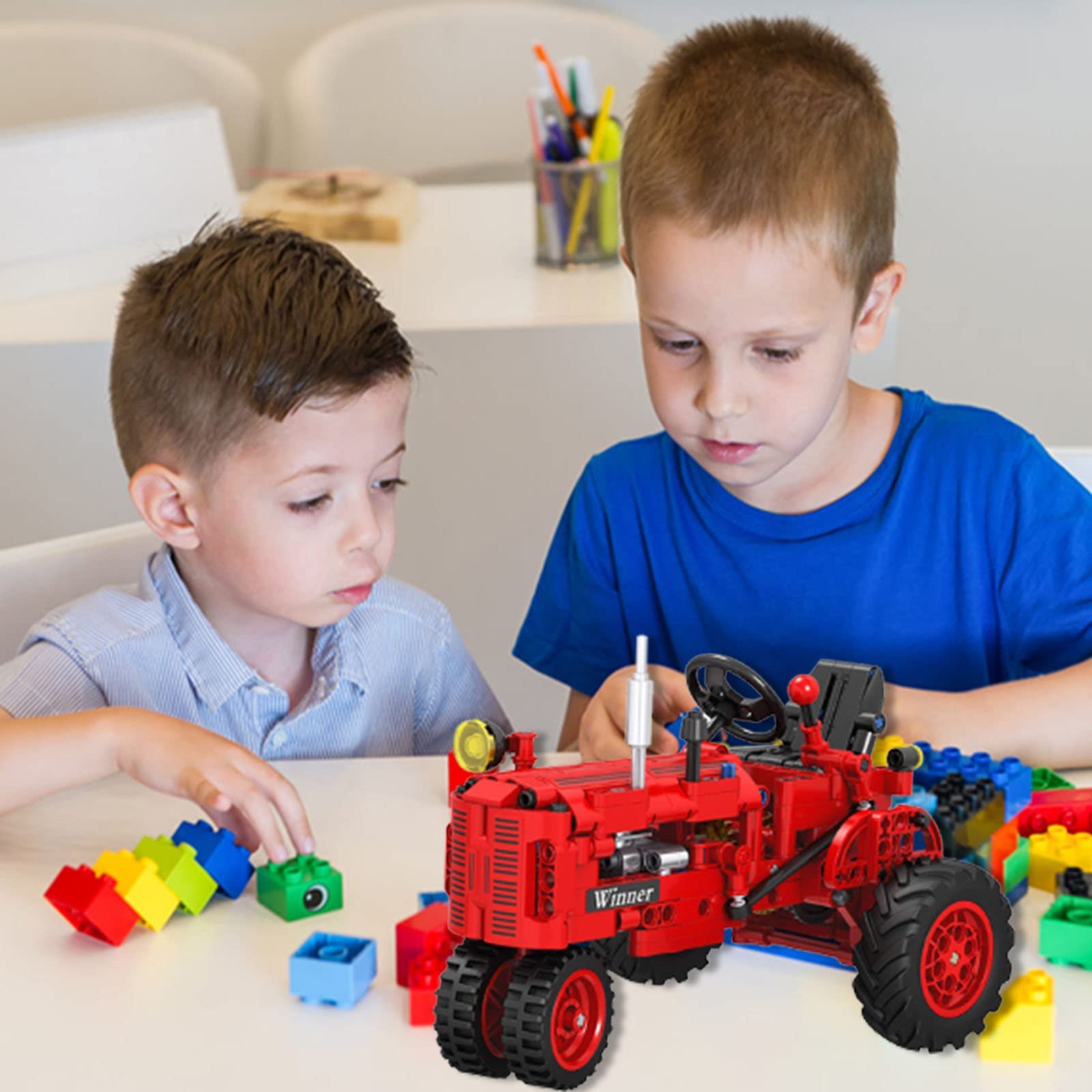 A XINAO TOYS Classic Building Blocks 1/12 Red Tractor Farm Toy Building Set Gift for Kids Ages 6 7 8 9 10 11 12 Includes Shifting Structure, Steering Structure Features (Classic Edition)