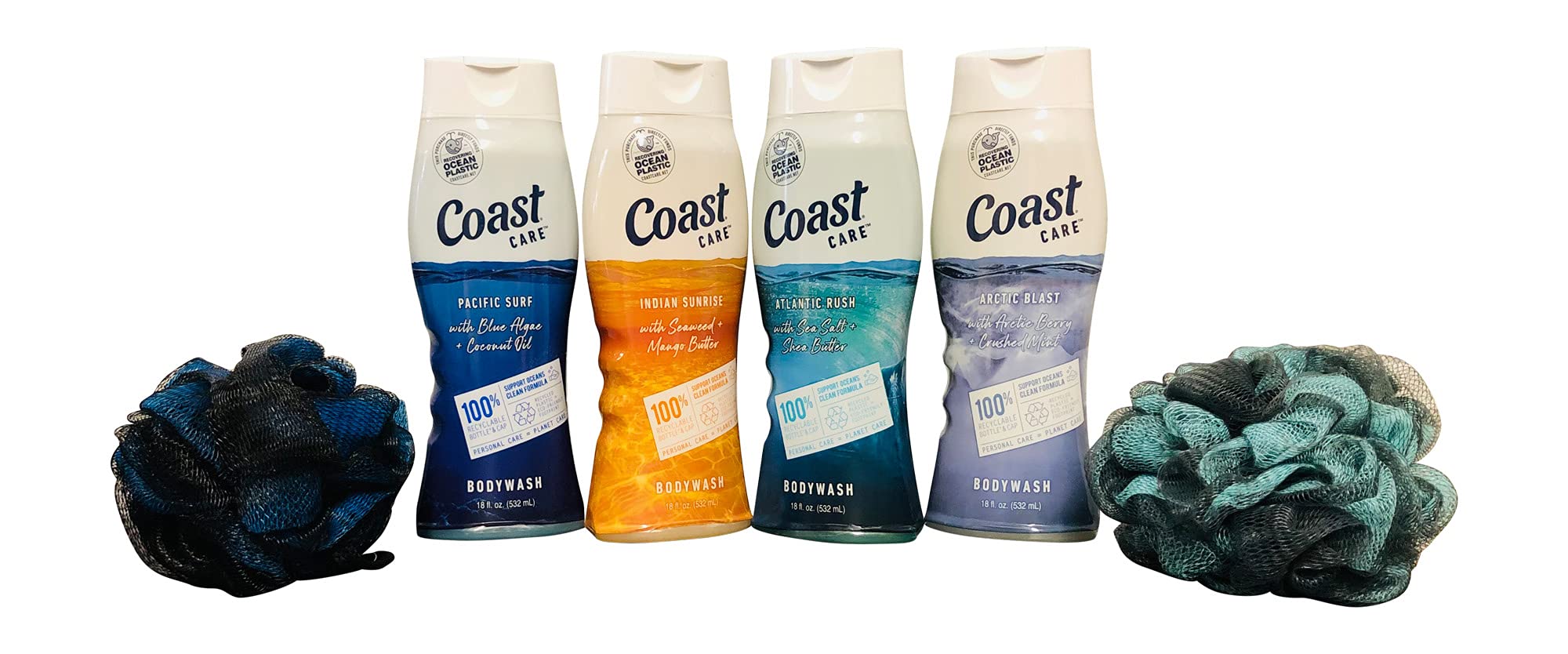Coast Care Body Wash Bundle: 4 Variety Pack +2 Color coordinated Loofahs