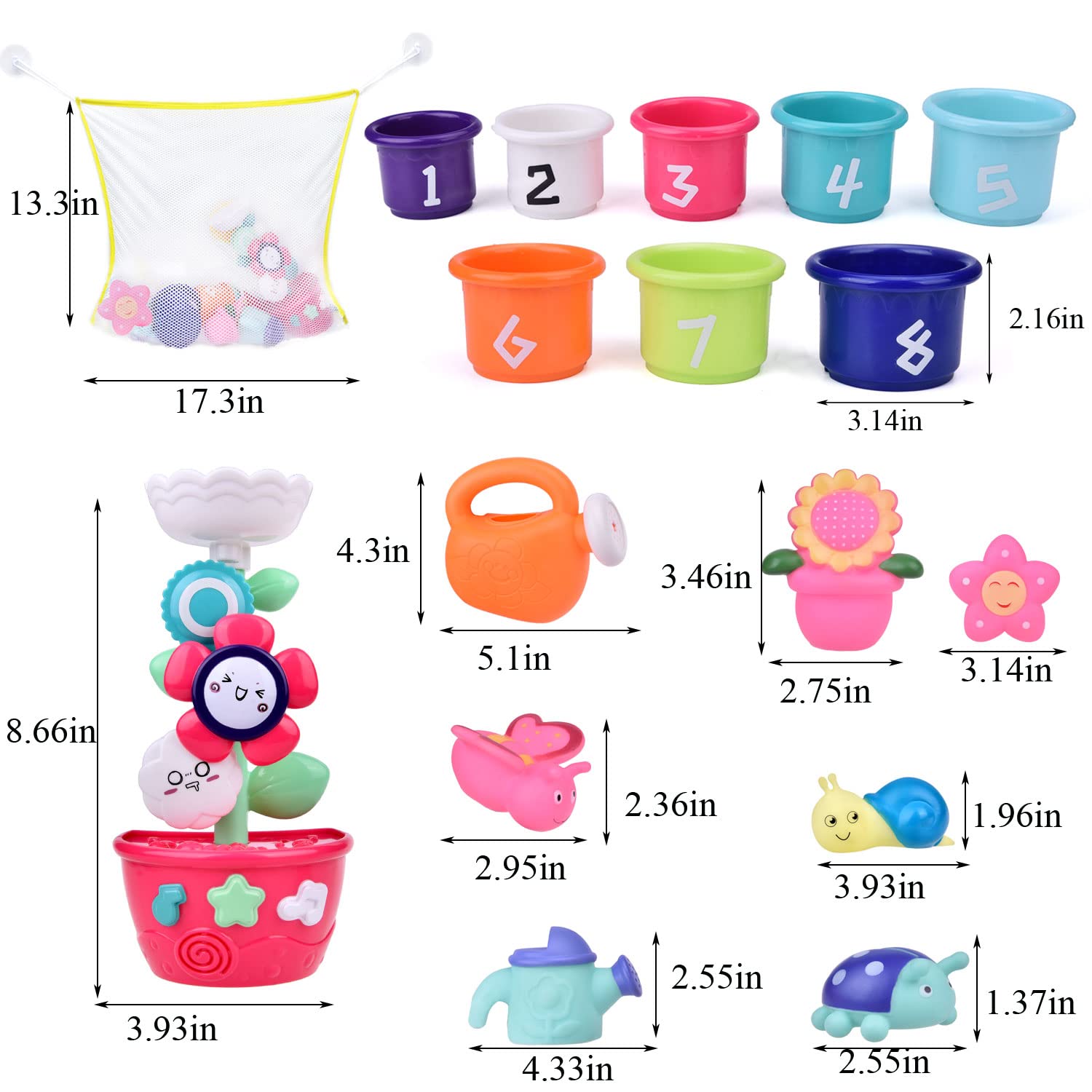 16 PCs Bath Toys for Toddlers, Flower Waterfall Water Station Garden Squirter Toys, Stacking Cups Watering Can, Bath Toy Organizer Included for Kids Toddlers