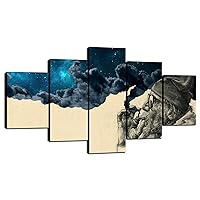 Artbrush Tower Old Man Smoking Blue Space Stars Clouds Surreal Wall Art Home Decorations 5 Piece Canvas Posters Frame Wall Decor Pictures Painting for Living Room Bedroom Ready to Hang(60x32inches)