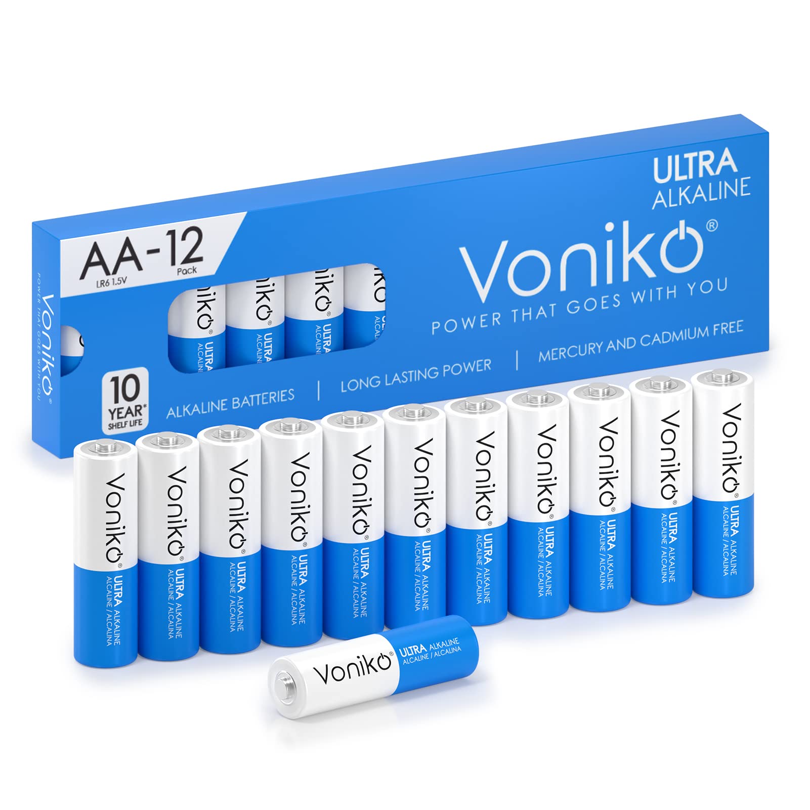 Voniko - Premium Grade AA Batteries - (12 Pack) - Alkaline Double A Battery - Ultra Long-Lasting, Leakproof 1.5v Batteries - 10-Year Shelf Life