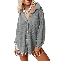 Dokotoo Womens Waffle Knit Shacket Jacket Casual Long Sleeve Button Down Shirts Dressy Blouses Tops