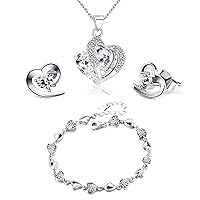 findout Jewelry Set for Women, Sterling Silver Amethyst Red Pink Blue Clear Green Crystal Heart Pendant Necklace and Earrings with Bracelets Jewelry Sets for Women and Girls (Clear B)