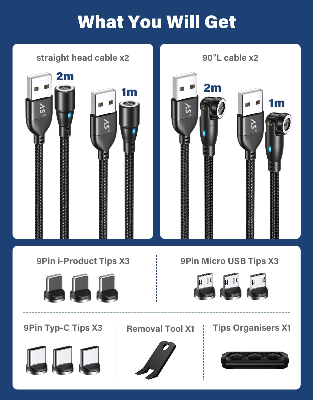 A.S Magnetic Charging Cable[4PACK, 3.3/3.3/6.6/6.6ft]-3 in 1 Magnetic Phone Charger Data Transfer Cord-Magnetic USB C Charging Cable-Magnetic Charger Cable for Micro USB/TypeC/iPhone Nylon Braided