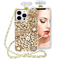 for iPhone 15 14 Pro Case for Women Strap Lanyard Phone Case,Bling Diamond Cover,Soft TPU Silicone Bumper (Gold, for iPhone 15 pro max)