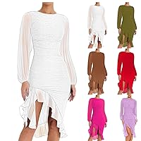 Womens Bodycon Dresses Sexy Asymmetrical Ruffle Mesh Long Sleeve Elegant Cocktail Party Hem Mermaid Midi Dress