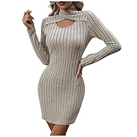 Women's Cocktail Dresses and Winter Casual Fashion Solid Color V-Neck Long Sleeve Waist Ribbed Cover Dress, S-2XL