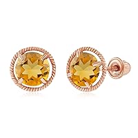 Solid 14K Gold 7mm Round Natural Birthstone Screwback Stud Earrings For Women | 5mm Round Birthstone | Martini Rope Screwback Earrings For Women and Girls