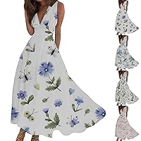 Dresses for Women Going Out Sleeveless Boho A-Line Holiday Dresses Fashion Printing Flowy Ruffled Swing Dress Clothes