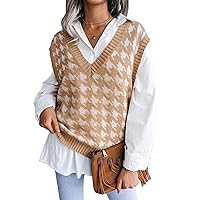 Flygo Women's V Neck Knit Sweater Vest Y2K Houndstooth Sleeveless Pullover Tank Top