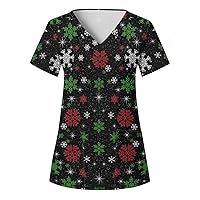 Women’s Christmas Scrub Tops Short Sleeve V Neck Shirts Nurse Lightweight Medical Workwear Uniforms Holiday Tees