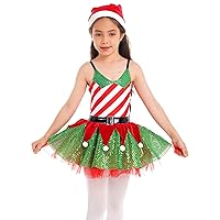 CHICTRY Girls Christmas Elf Dress Up Costume Sleeveless Striped Sequins Leotard Dress Santa Hat Belt Set