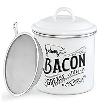 1.3L Bacon Grease Saver Container with Fine Mesh Strainer - Enamel & Stainless Steel Oil Keeper Can for Bacon Fat Dripping - Farmhouse Kitchen Gift & Decor Cooking Accessories - Dishwasher Safe, White