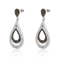 Ornaatis 1.59 Carat (Cttw) Round Cut White and Champagne Natural Diamond Teardrop Dangle Earrings in Sterling Silver